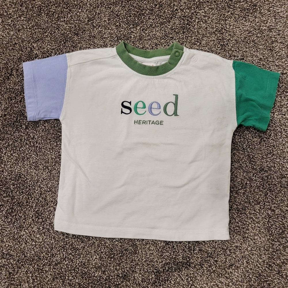 Seed Heritage Baby 6-12 Months T Shirt White Green Blue Colorblock Cotton